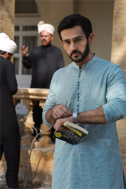 -AZAN- MINT BLUE KURTA PAJAMA