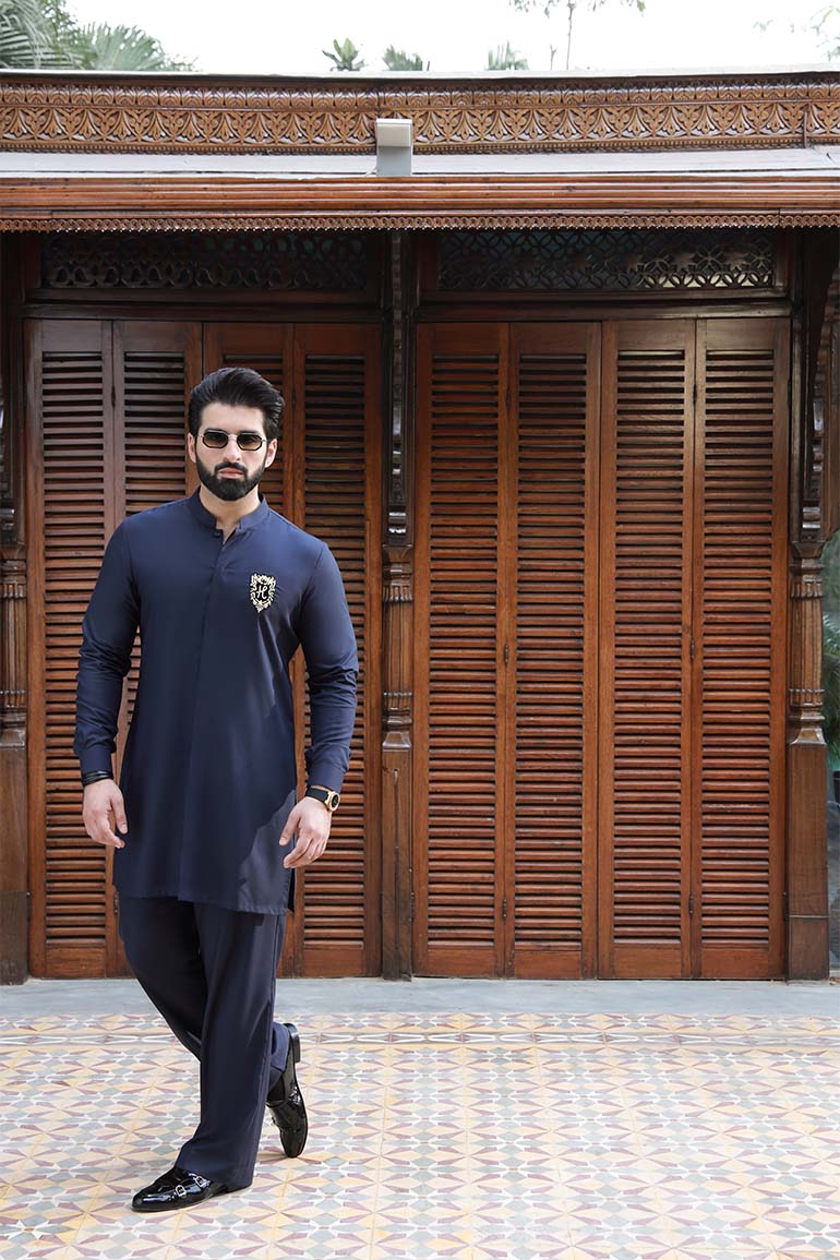 NAVY BLUE SELF TEXTURE WASH N WEAR KURTA PAJAMA