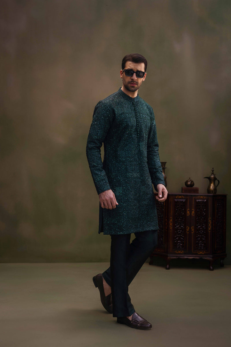 Dark Green Hand Work Embroided Kurta Pajama