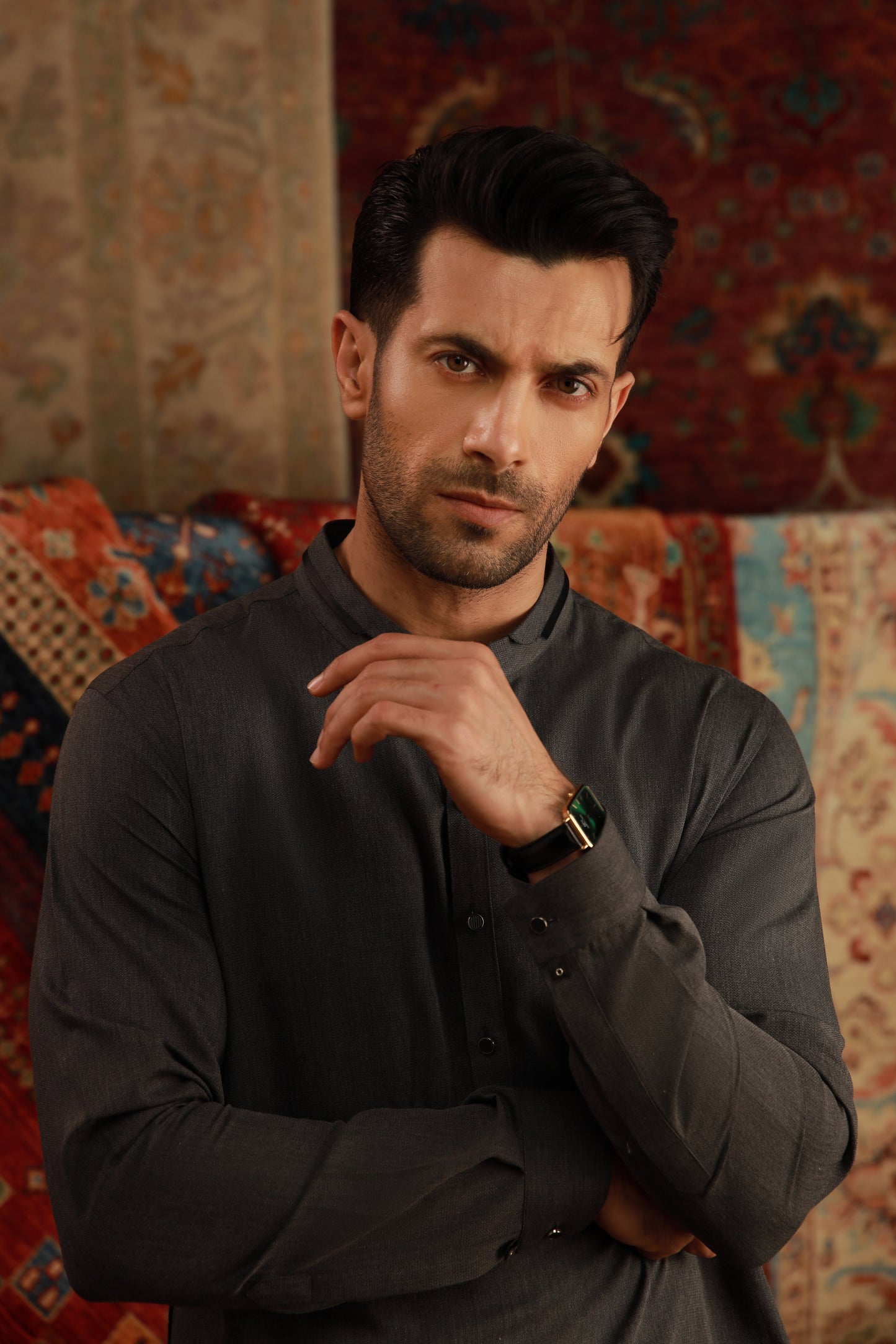 CHARCOAL GREY SELF WASH N WEAR KURTA PAJAMA