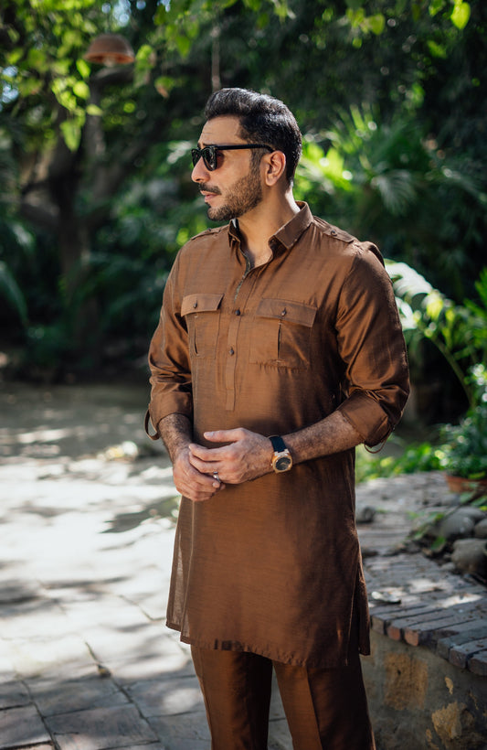 LIGHT BROWN COTTON SILK KURTA PAJAMA