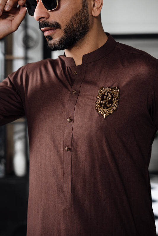 BROWN TEXTURE WASH N WEAR KURTA PAJAMA