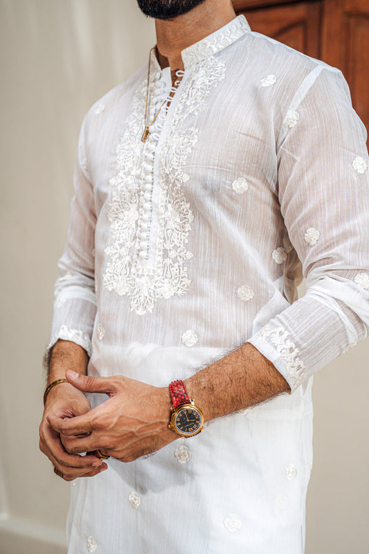 White Thread Embroidery Kurta Pajama