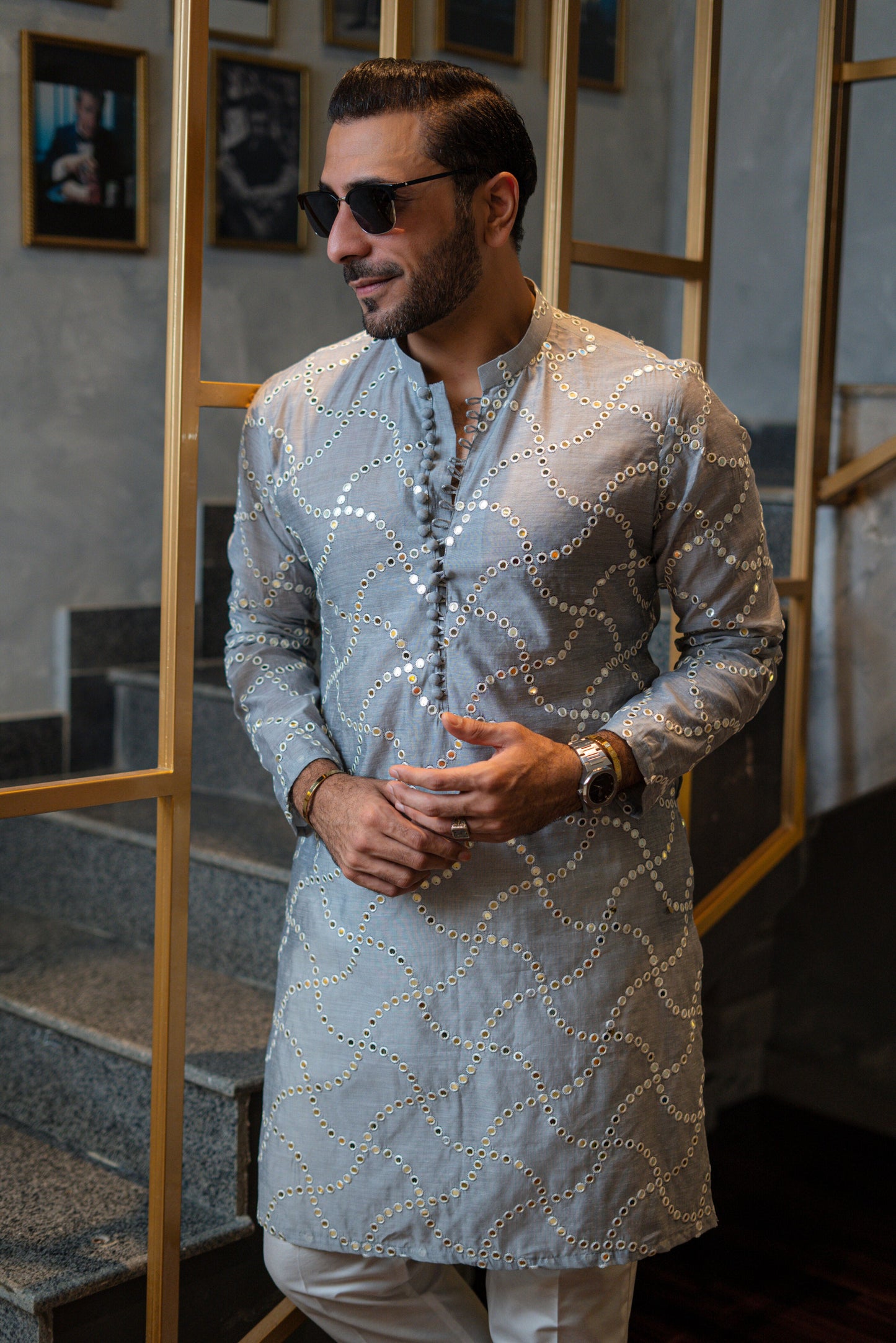 Silver Grey Embossed Mirror Work Kurta