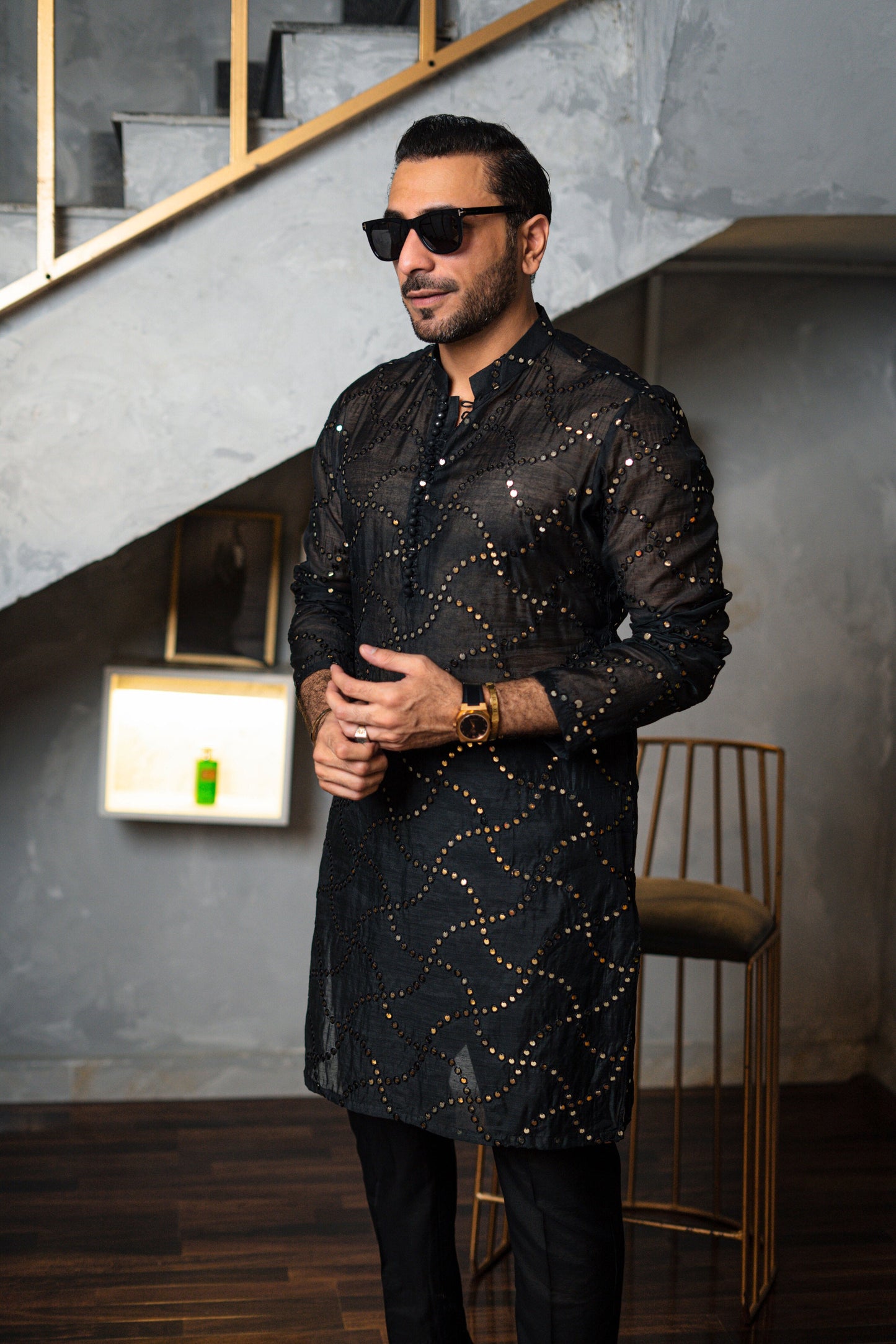Black Embossed Mirror Work Kurta