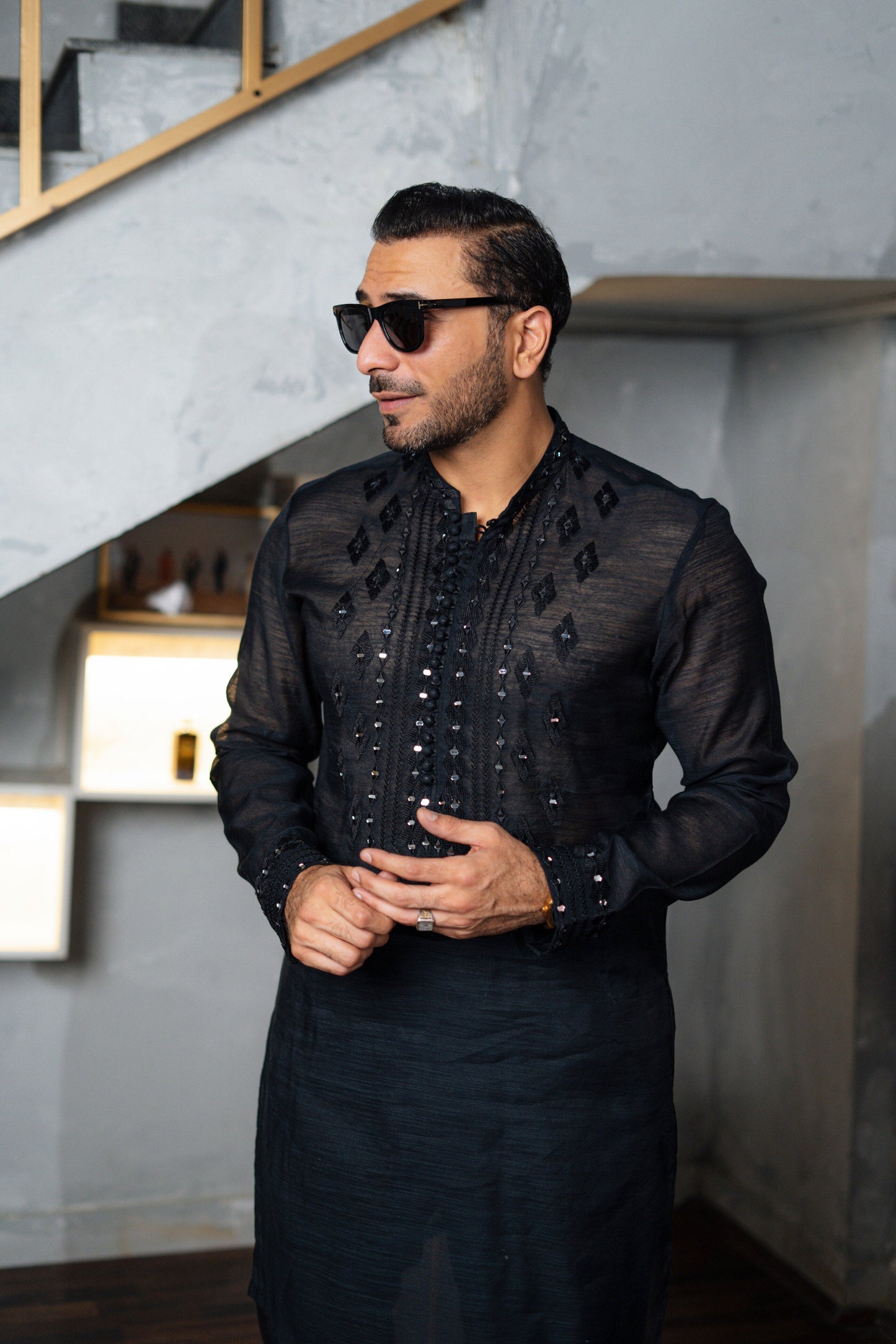Black Embossed Sequence Work Kurta
