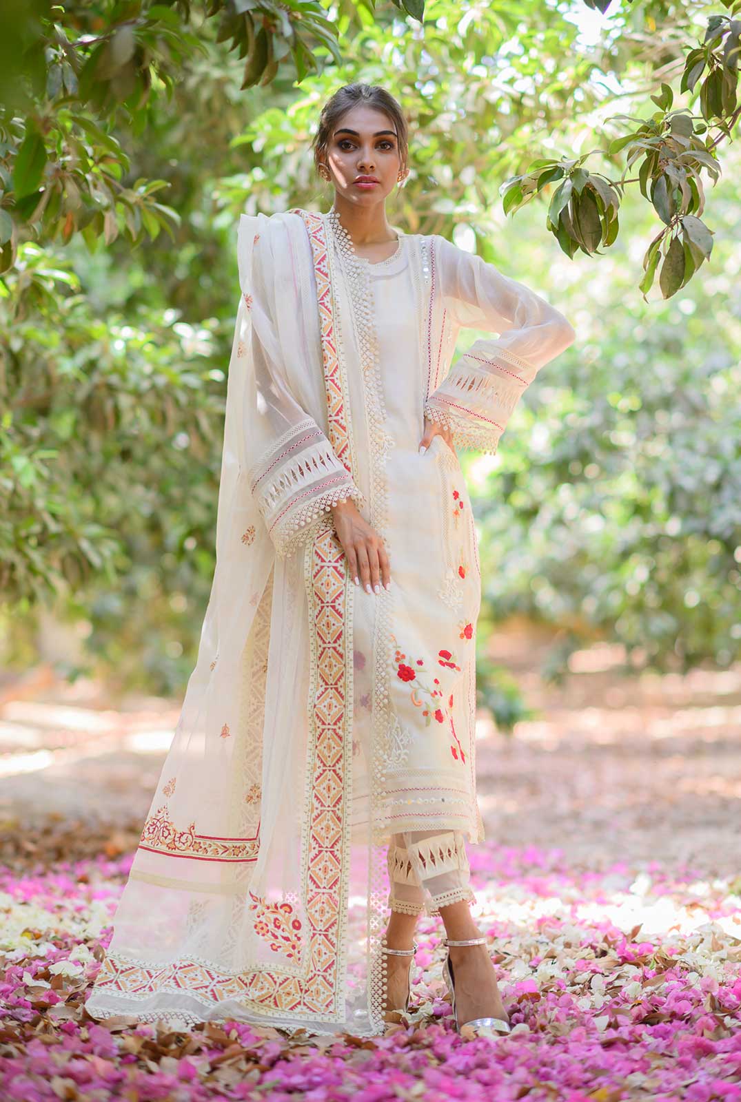 Luxury Pret- Long Embroidered Silk Karandi Kurta With Block Print Dupatta