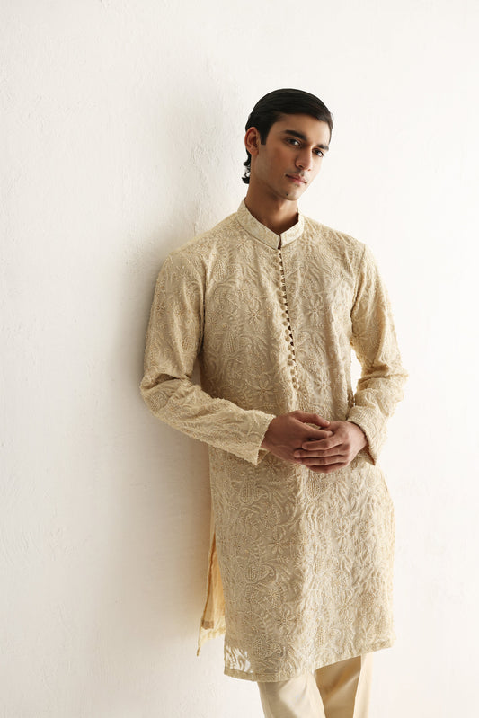 Beige Embroidered Embellish Full Hand Work Kurta Pajama