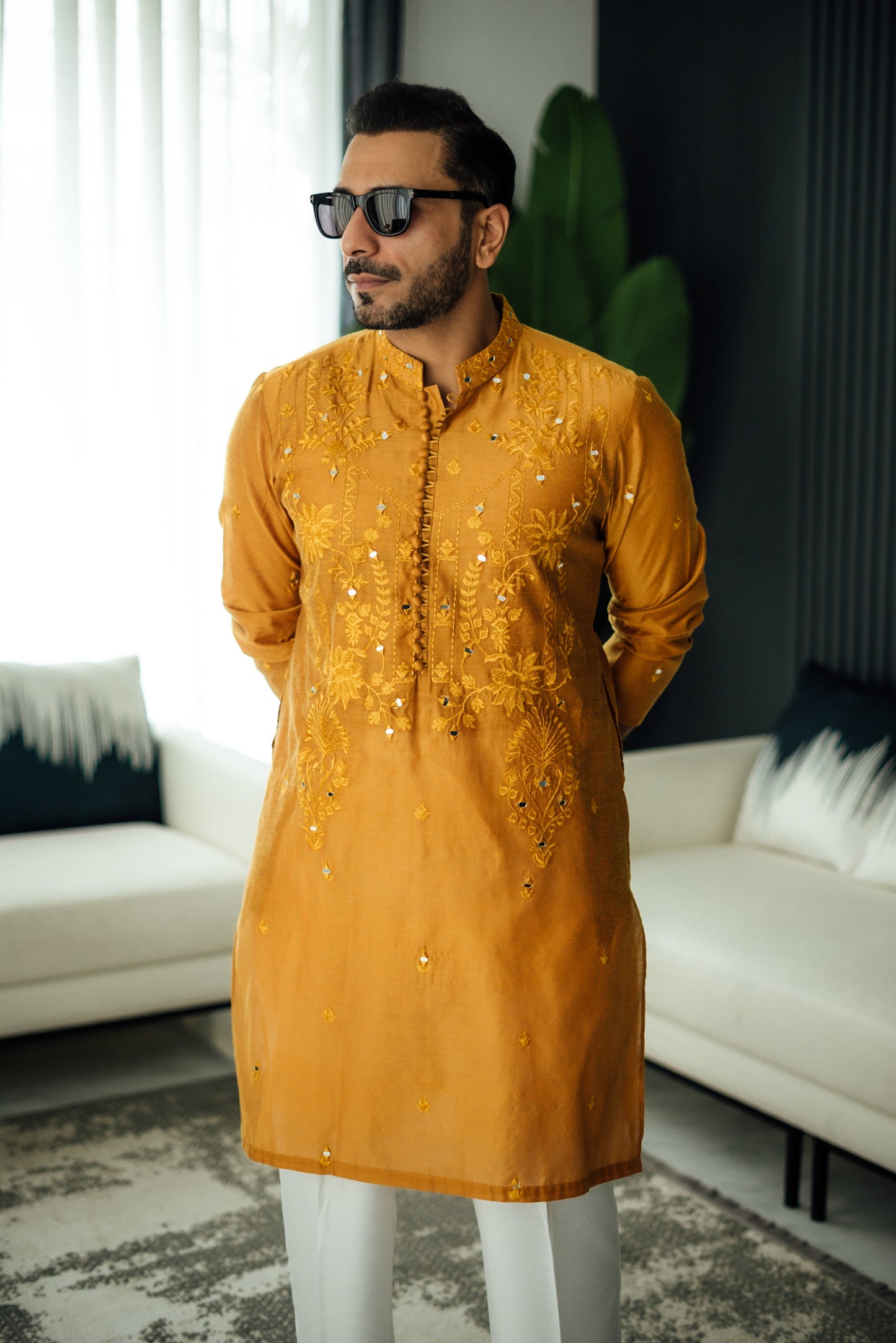 Mustard Mirror Embossed Kurta Pajama