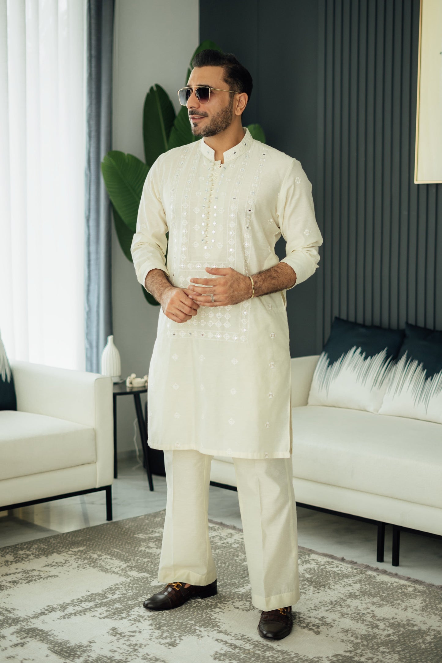 Ivory Mirror Embossed Kurta Pajama