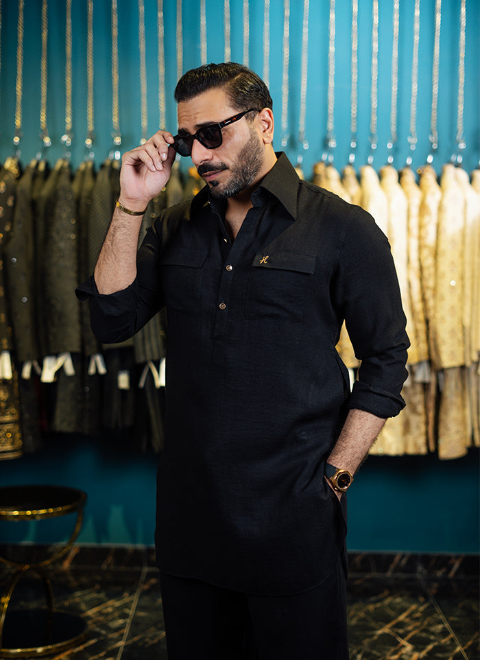 BLACK LINEN FARSHI KURTA SHALWAR
