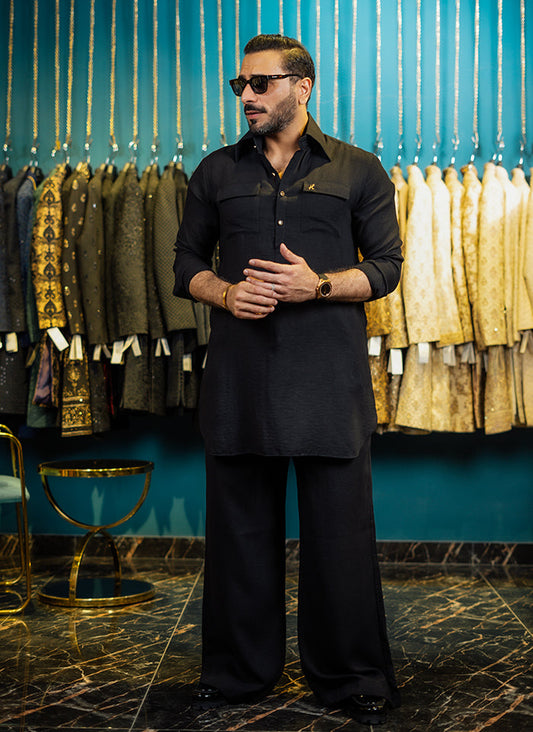 BLACK LINEN FARSHI KURTA SHALWAR