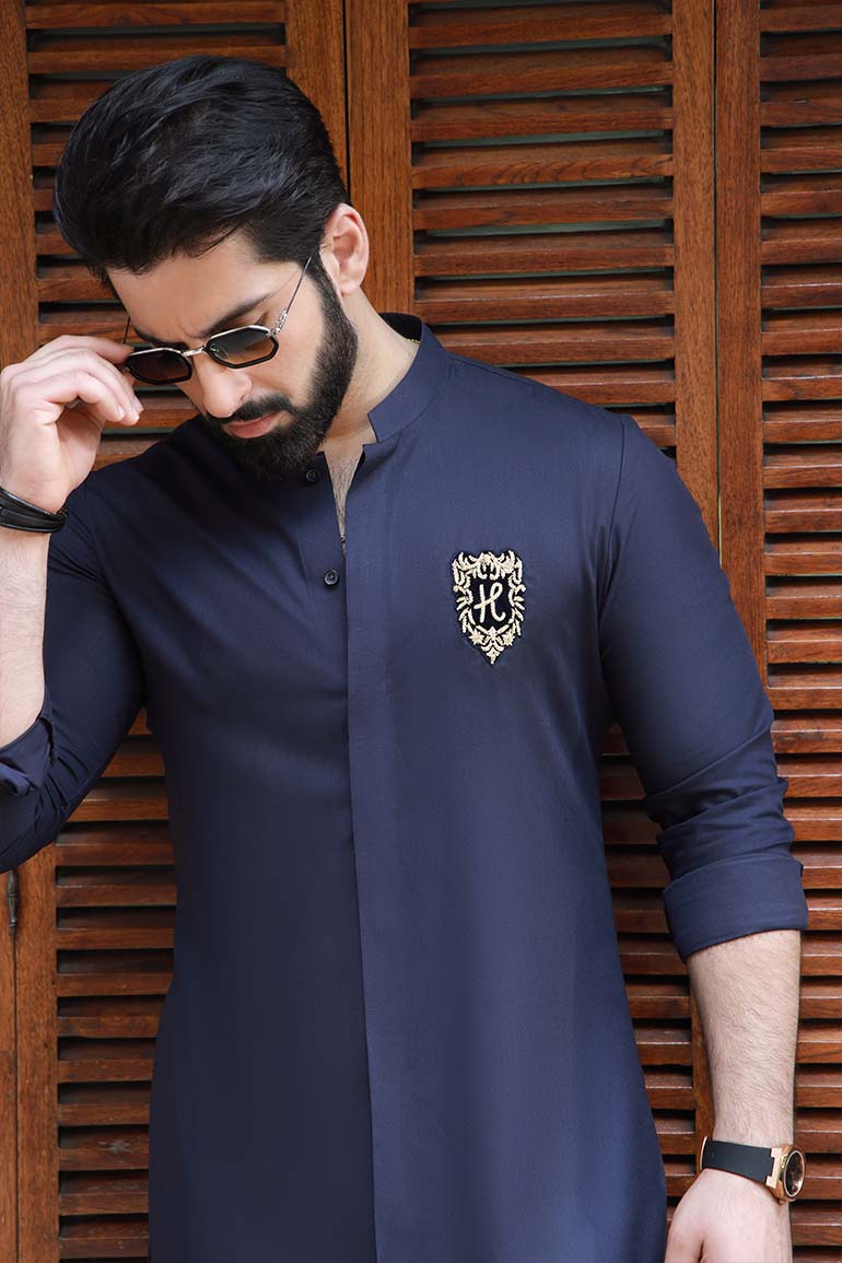 NAVY BLUE SELF TEXTURE WASH N WEAR KURTA PAJAMA