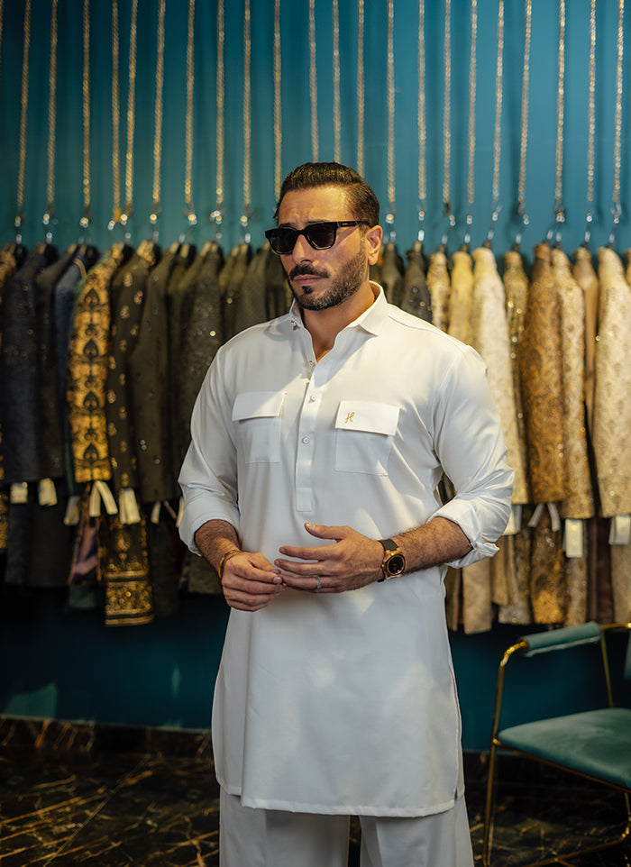 WHITE EGYPTIAN COTTON FARSHI KURTA SHALWAR