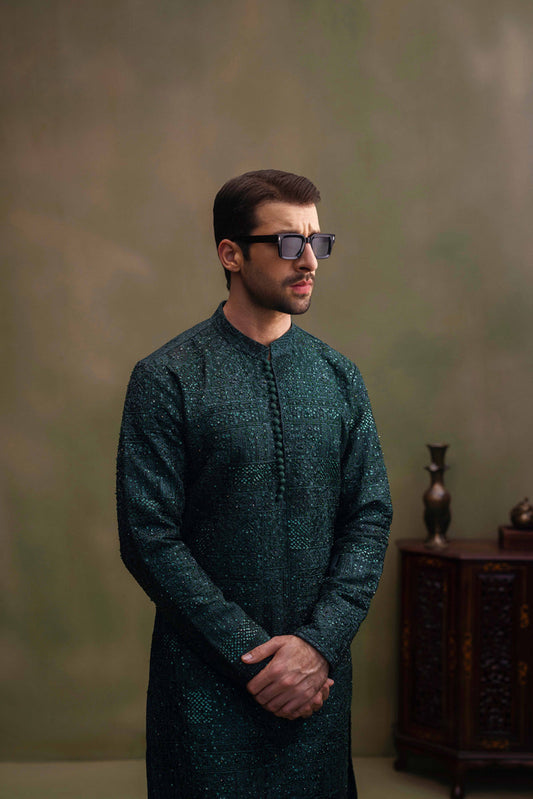 Dark Green Hand Work Embroided Kurta Pajama