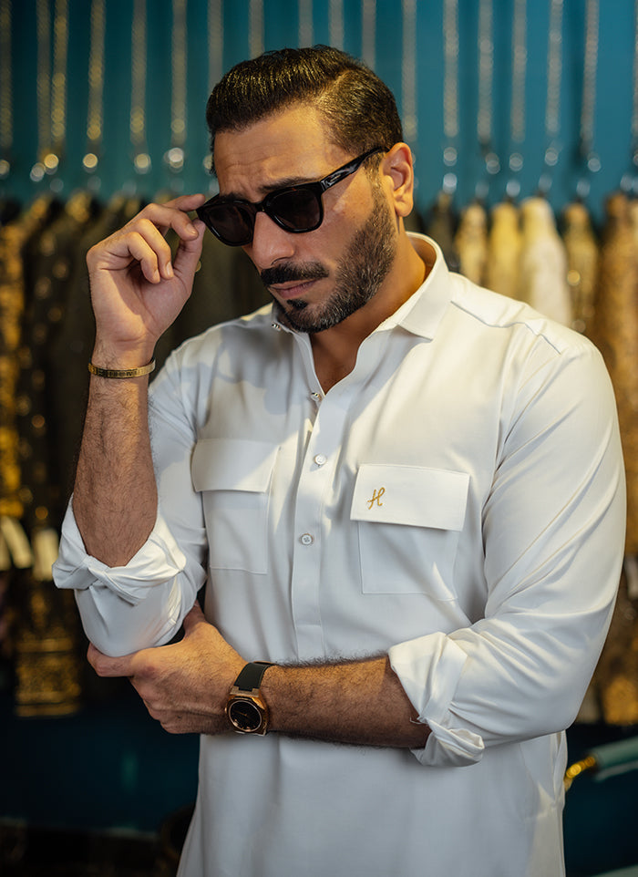 WHITE EGYPTIAN COTTON FARSHI KURTA SHALWAR