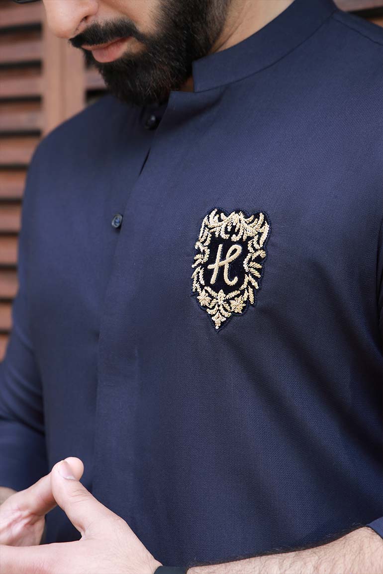NAVY BLUE SELF TEXTURE WASH N WEAR KURTA PAJAMA
