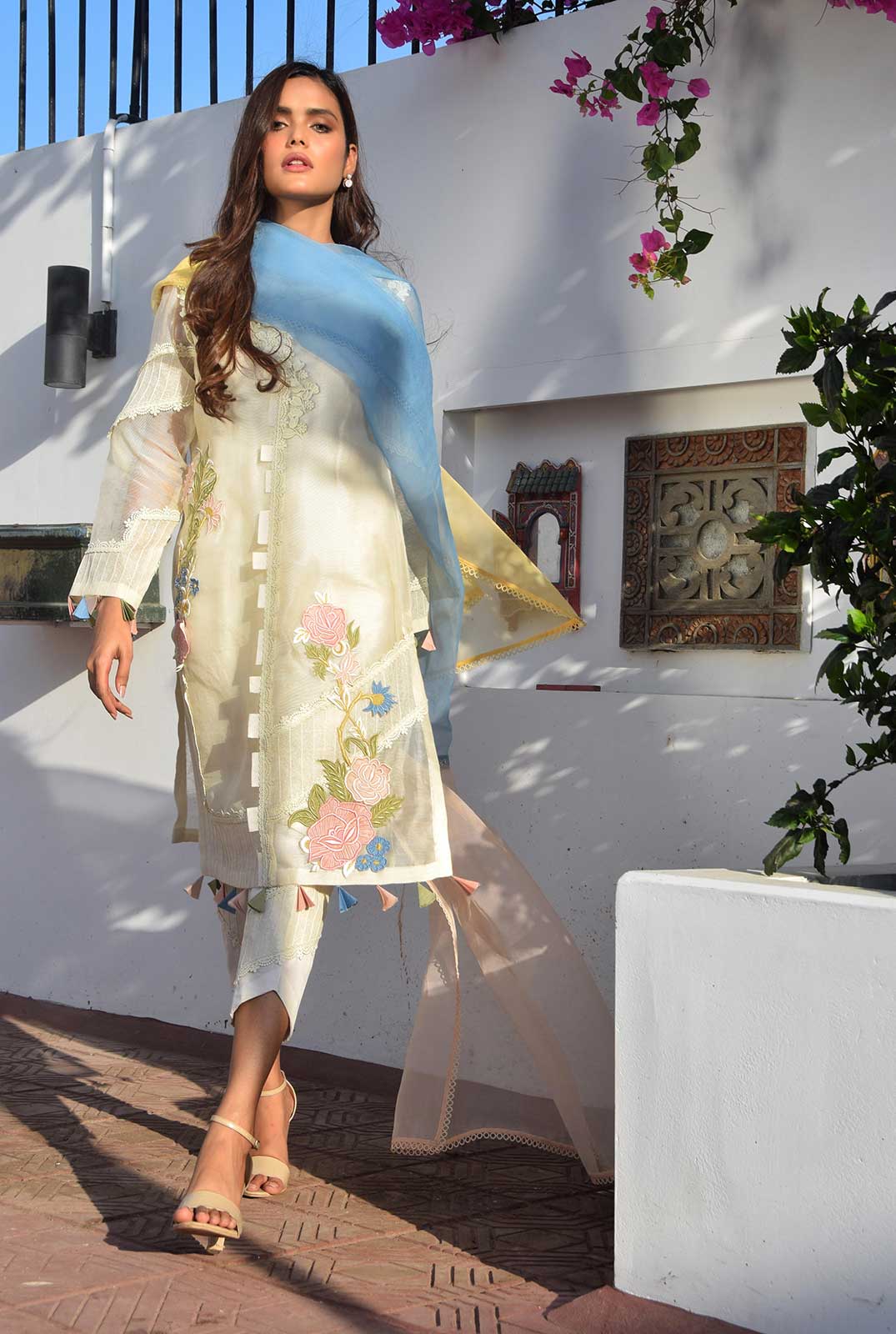 Luxury Pret - Mid Length Shirt With Lace Seperators Embroidery And Stitching Detail