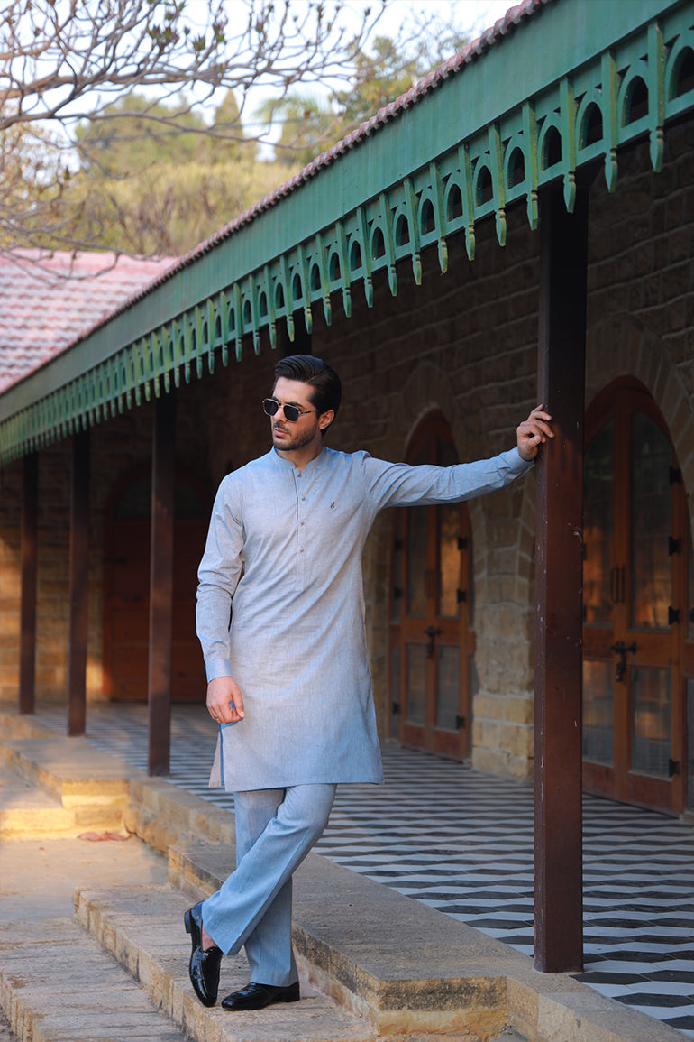 LIGHT BLUE LINEN KURTA PAJAMA