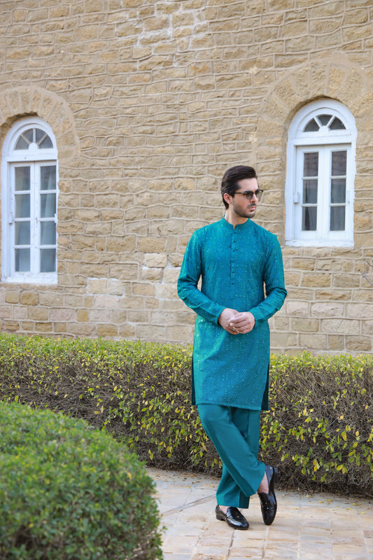 -SHAHKAAR- TEAL GREEN KURTA PAJAMA