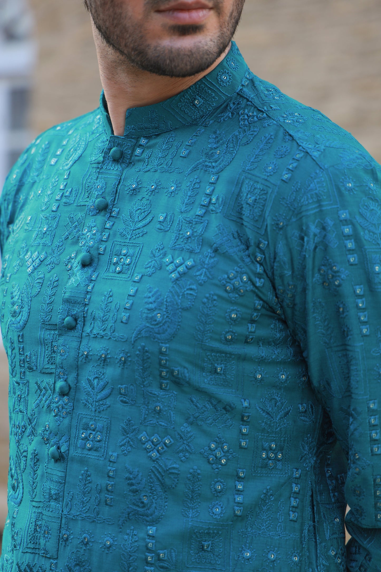 -SHAHKAAR- TEAL GREEN KURTA PAJAMA