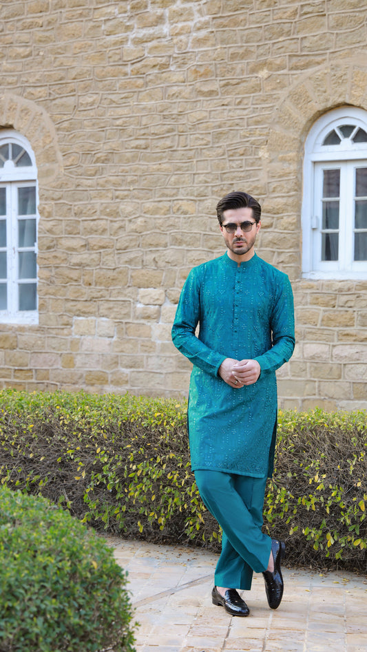 -SHAHKAAR- TEAL GREEN KURTA PAJAMA