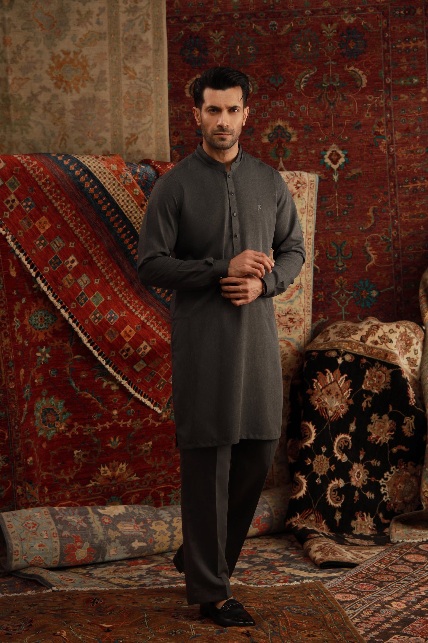 CHARCOAL GREY SELF WASH N WEAR KURTA PAJAMA