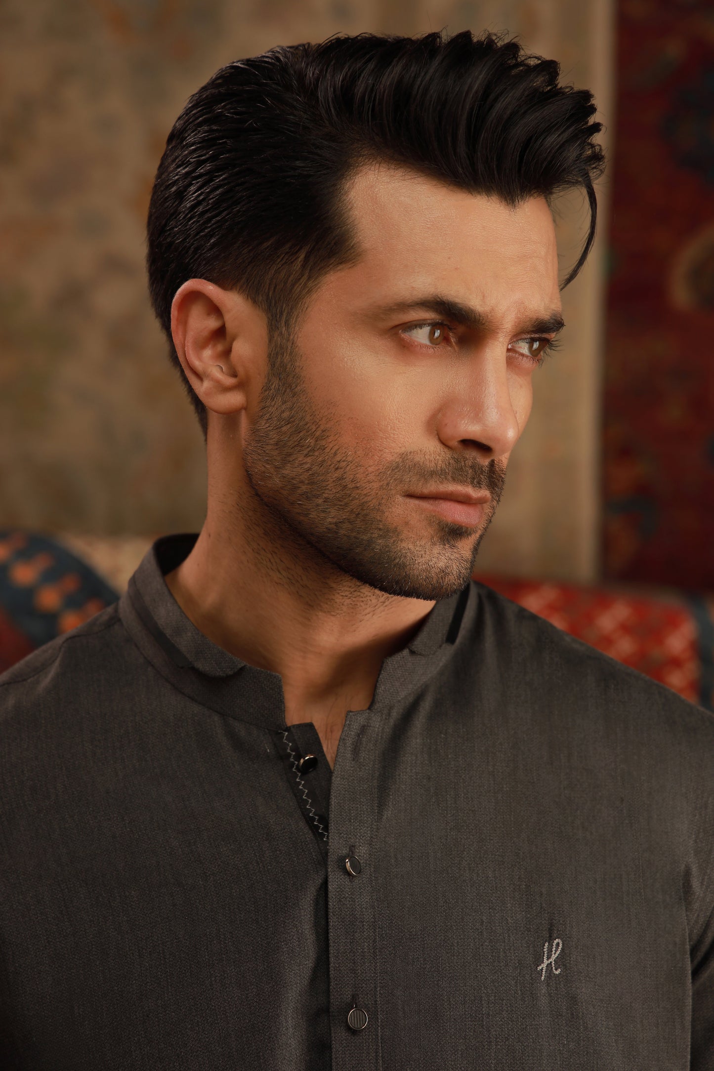 CHARCOAL GREY SELF WASH N WEAR KURTA PAJAMA