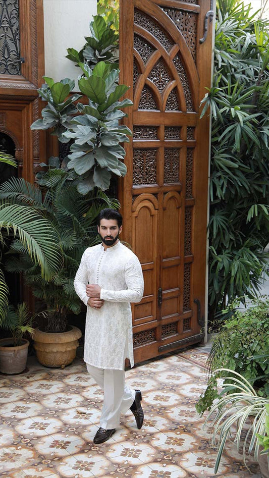 -SHAHKAAR- WHITE & GOLD KURTA PAJAMA