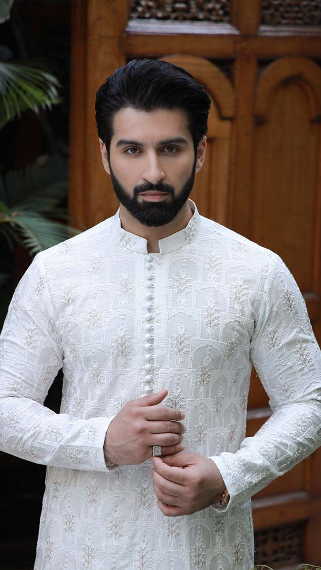 -SHAHKAAR- WHITE & GOLD KURTA PAJAMA