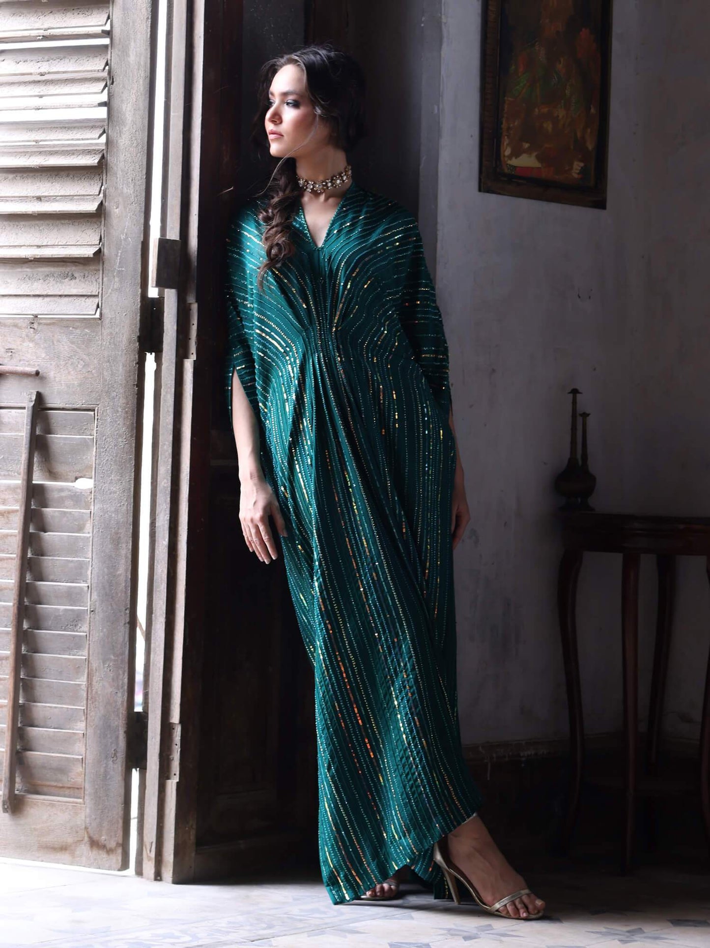 Kaftans -Teal Green Raw Silk