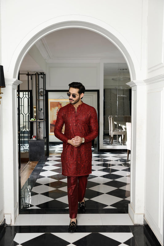 -SHAHKAAR- MAROON KURTA PAJAMA