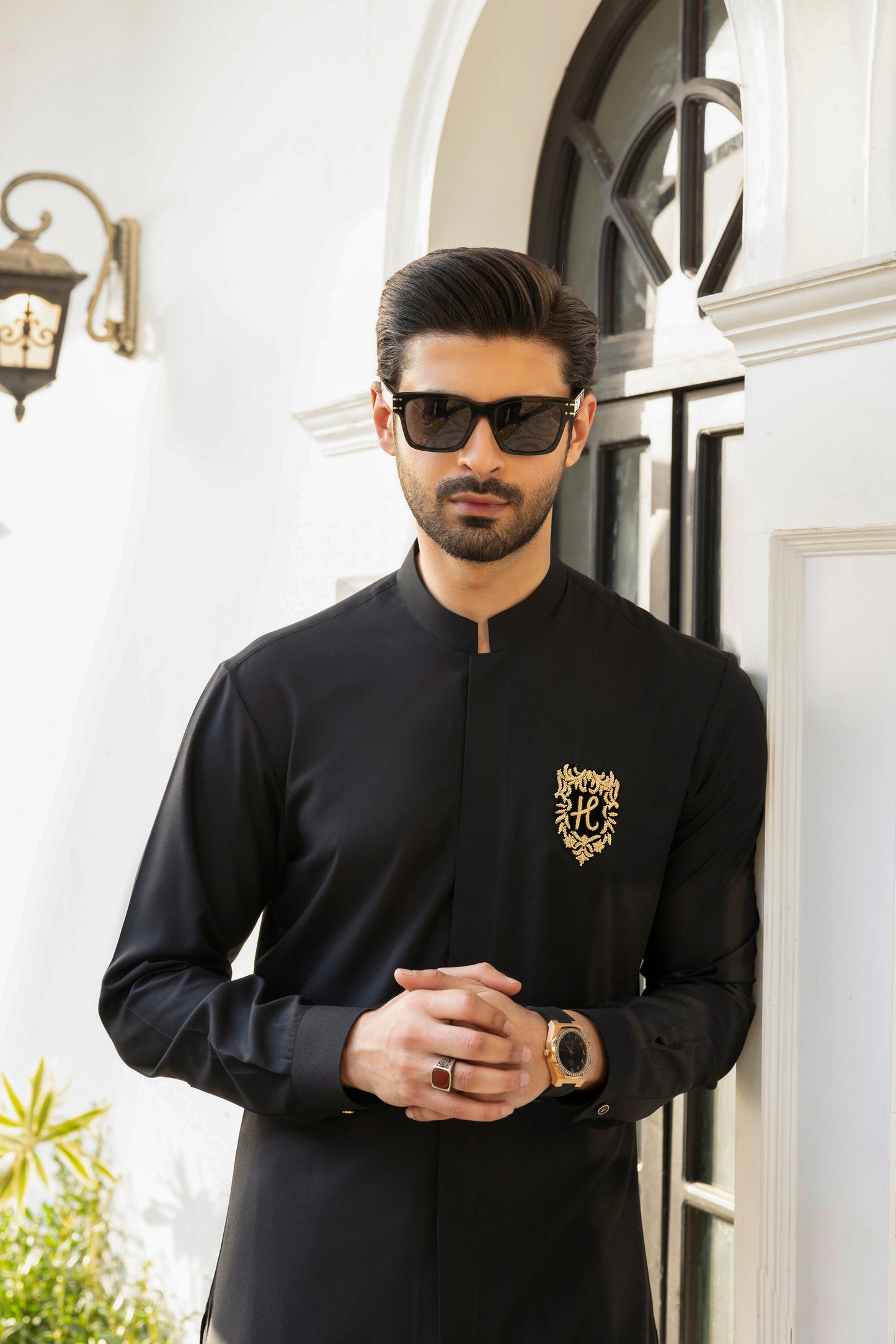 BLACK SELF TEXTURE WASH N WEAR KURTA PAJAMA