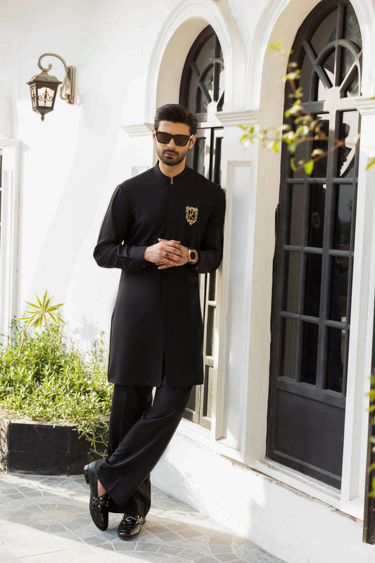 BLACK SELF TEXTURE WASH N WEAR KURTA PAJAMA