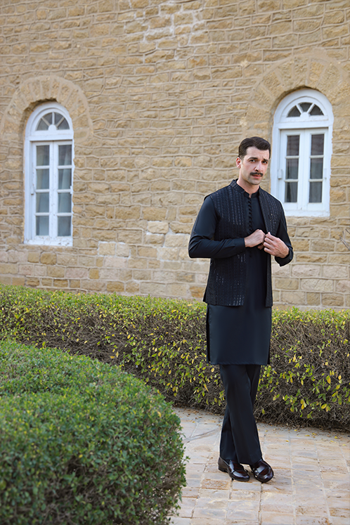 BLACK EGYPTIAN COTTON SATIN KURTA PAJAMA