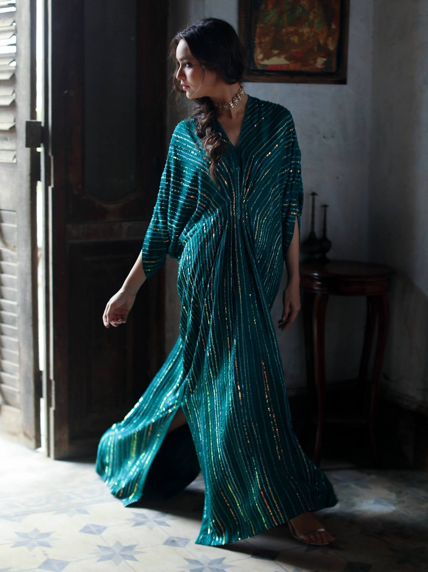 Kaftans -Teal Green Raw Silk