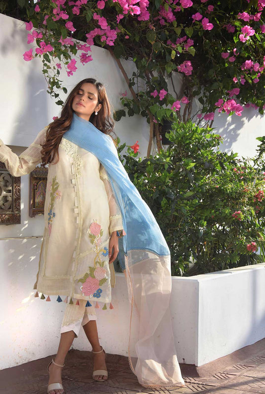 Luxury Pret - Mid Length Shirt With Lace Seperators Embroidery And Stitching Detail