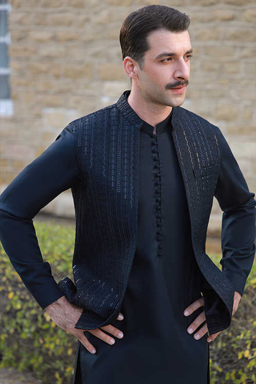 BLACK EGYPTIAN COTTON SATIN KURTA PAJAMA