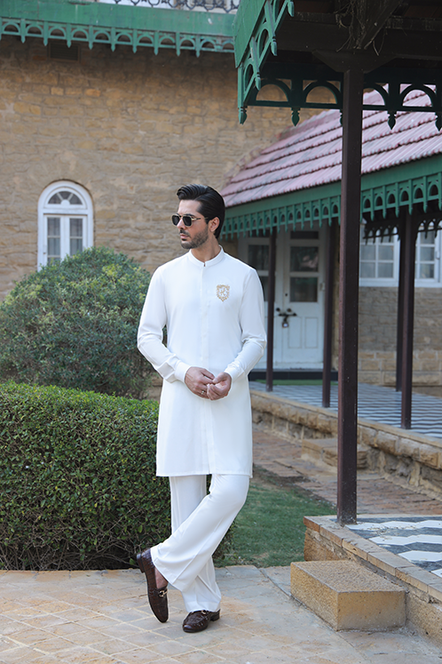 OFF WHITE SELF TEXTURE WASH N WEAR KURTA PAJAMA