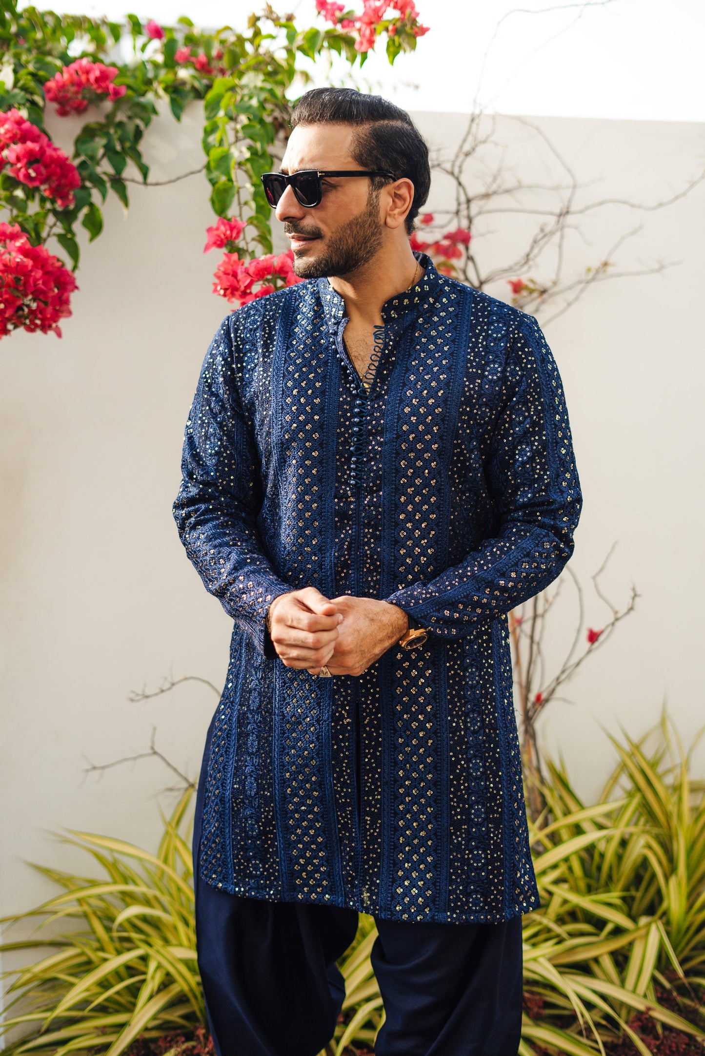 Blue Sequence Embossed Kurta Pajama