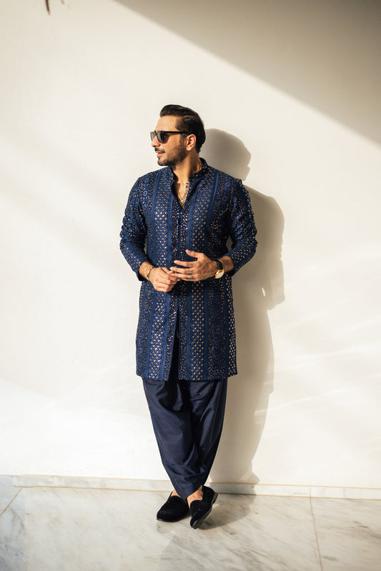 Blue Sequence Embossed Kurta Pajama