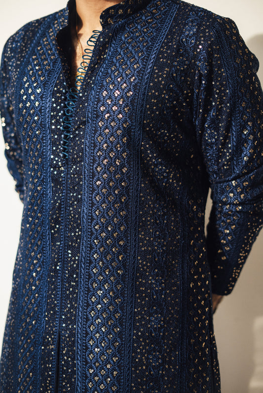 Blue Sequence Embossed Kurta Pajama