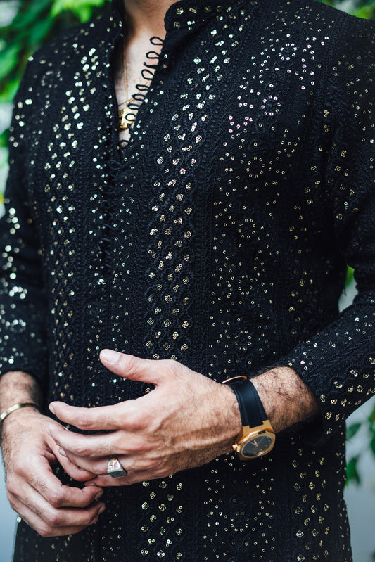 Black Sequence Embossed Kurta Shalwar