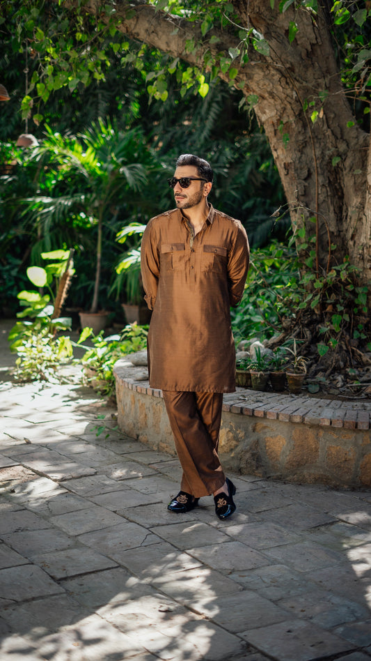 LIGHT BROWN COTTON SILK KURTA PAJAMA