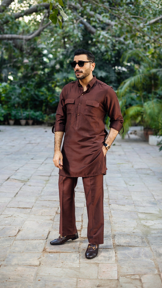 BROWN COTTON SILK KURTA PAJAMA