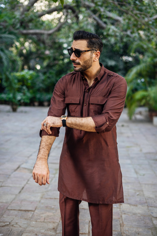 BROWN COTTON SILK KURTA PAJAMA