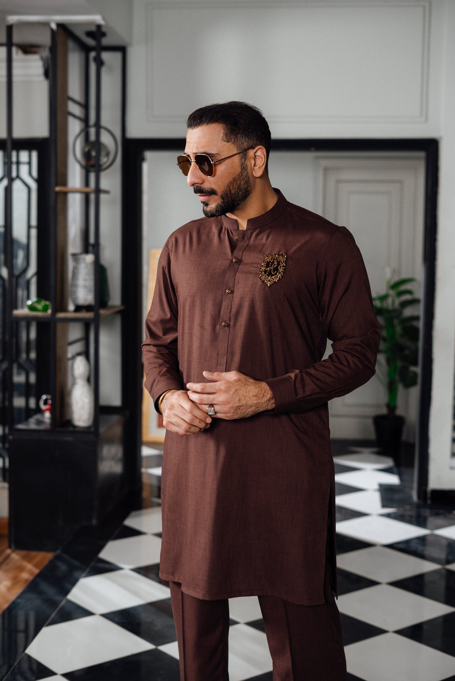 BROWN TEXTURE WASH N WEAR KURTA PAJAMA