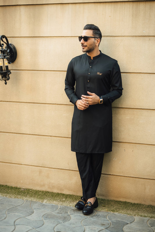 BLACK COTTON SATIN KURTA PAJAMA