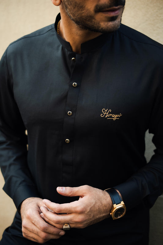BLACK COTTON SATIN KURTA PAJAMA