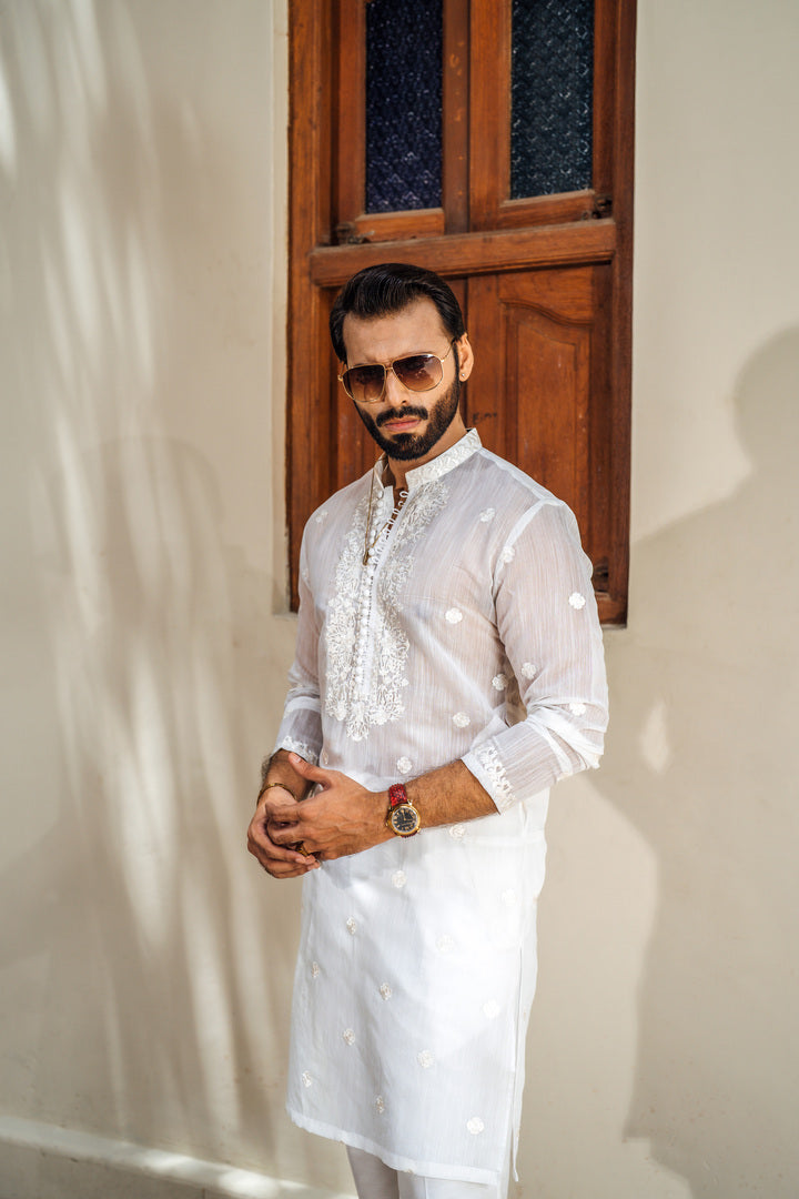 White Thread Embroidery Kurta Pajama